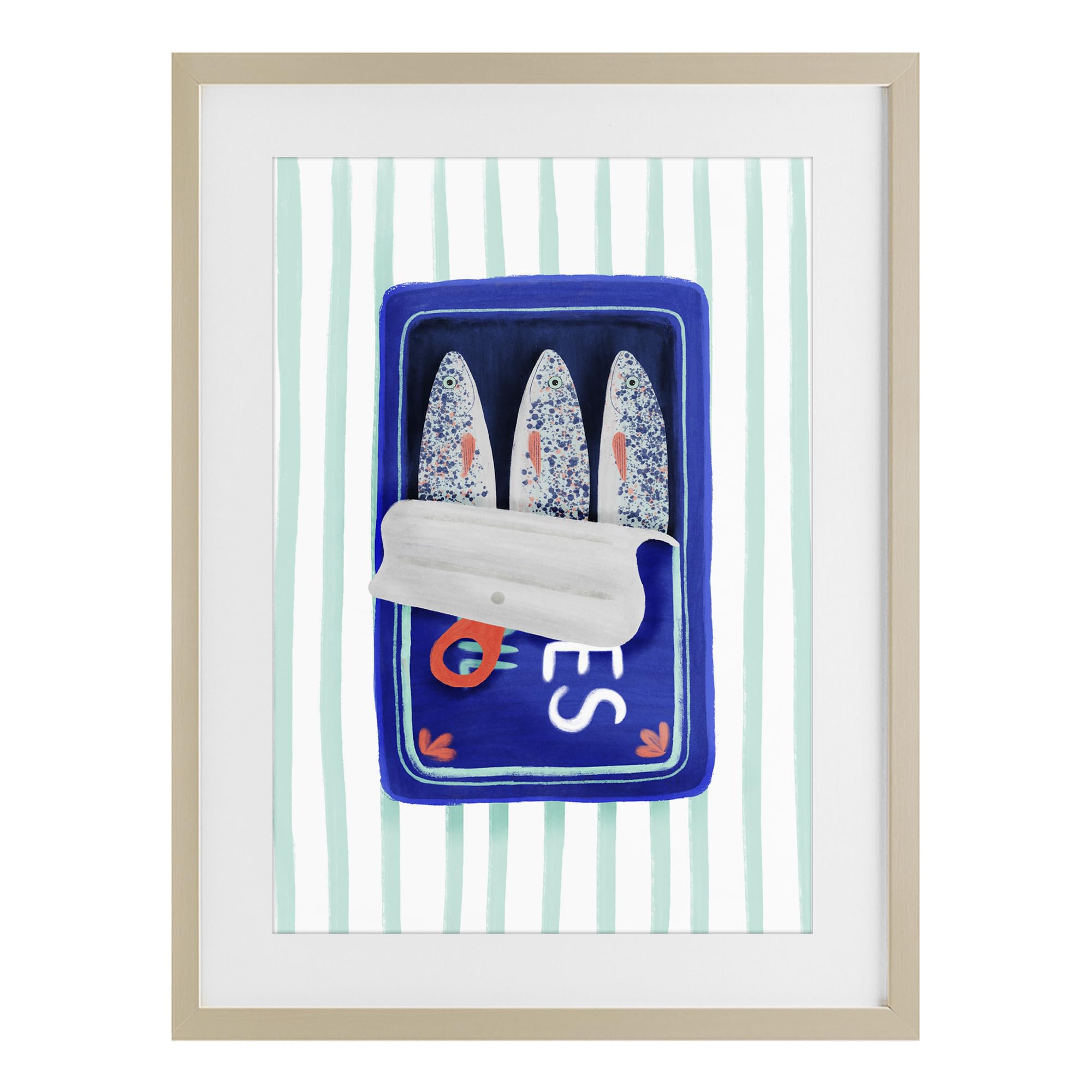 Stupell Industries Harvest Pine (Textured) 'Blue Sardines On Stripes'| Framed Print Under Glass
