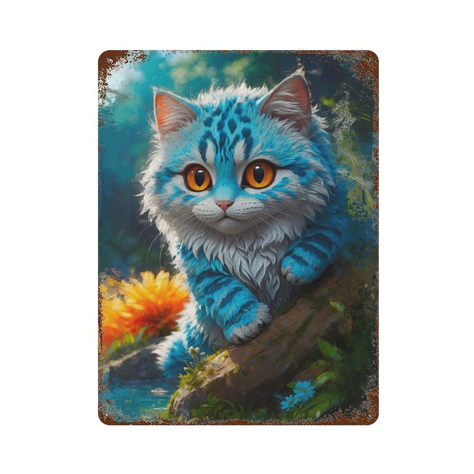 Smiling Cat on The Rocks Distressed Metal Wall Sign 15.7"x11.8", Rustic Home Decor for Farmhouse, Kitchen And Entryway Decor