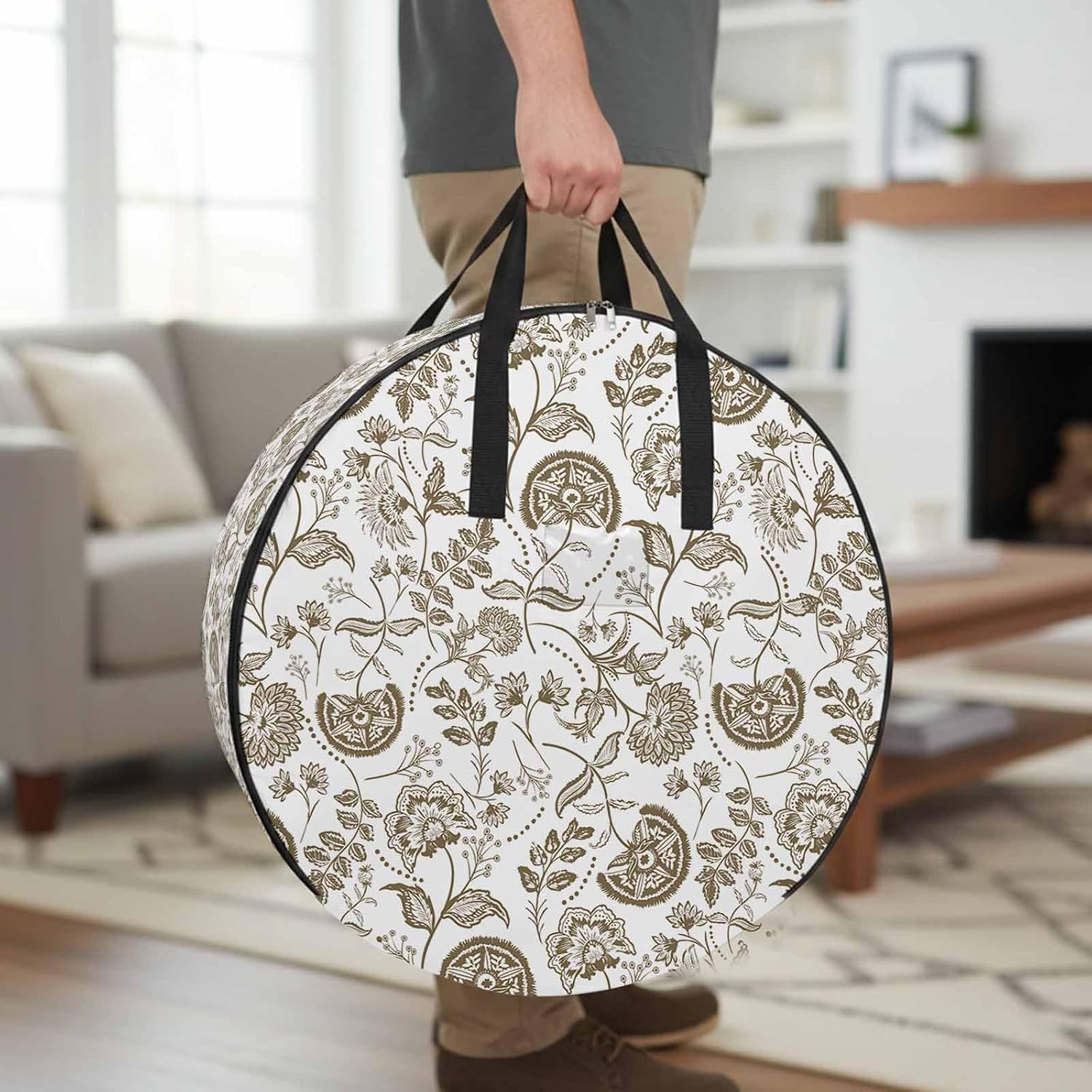 Pastoral Flower Round Storage Bag 24 Inch, Brown Flower Farm Vintage Linen Texture Clothes Storage Container with Handles Heavy Duty Organizer for Comforter, Bedding & Holiday Wreaths