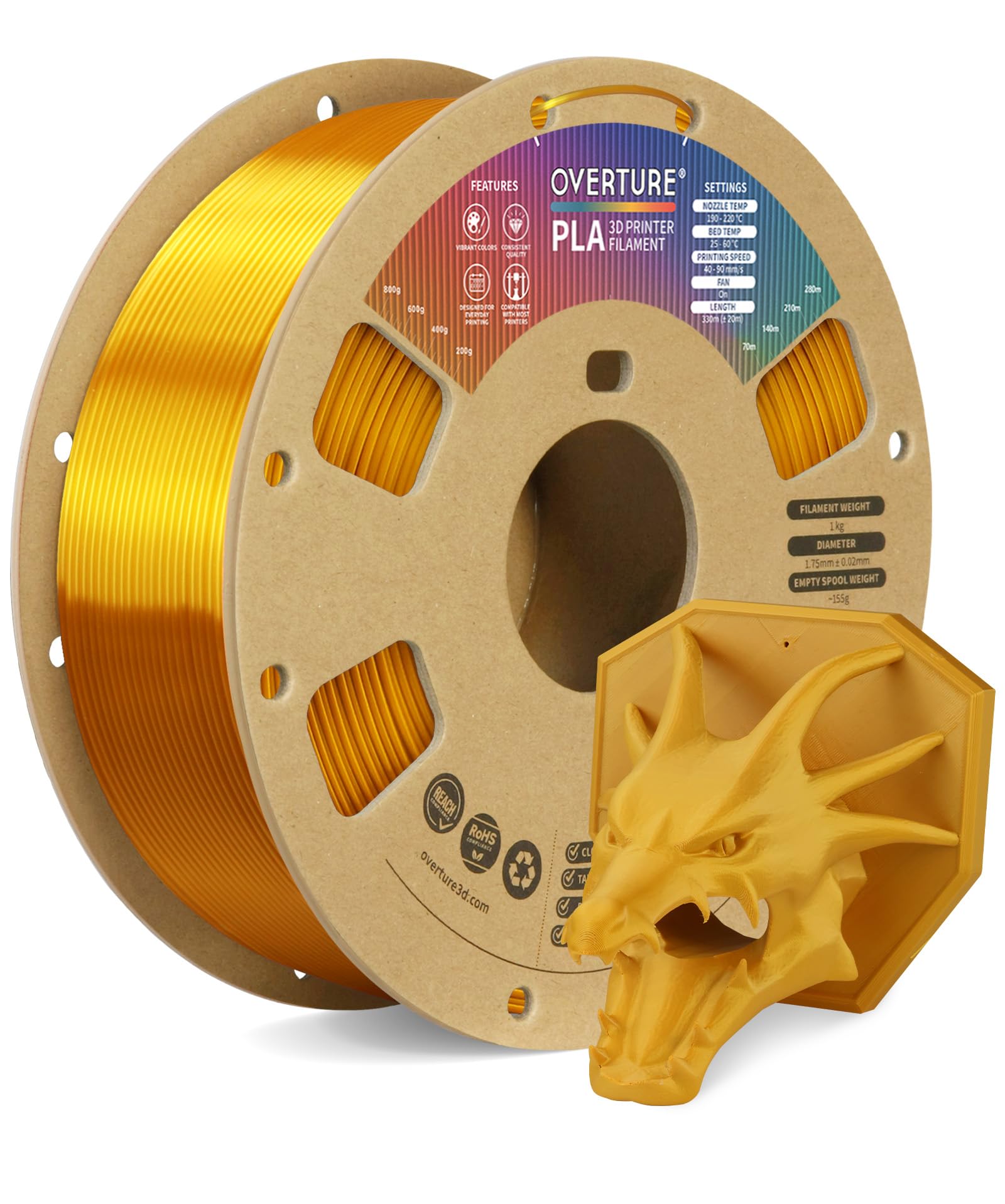 OVERTURE Filamento PLA 1.75mm, 1kg Bobina(2.2lbs), Precisione Dimensionale +/- 0.02 mm, per Stampante 3D (Oro Reale)