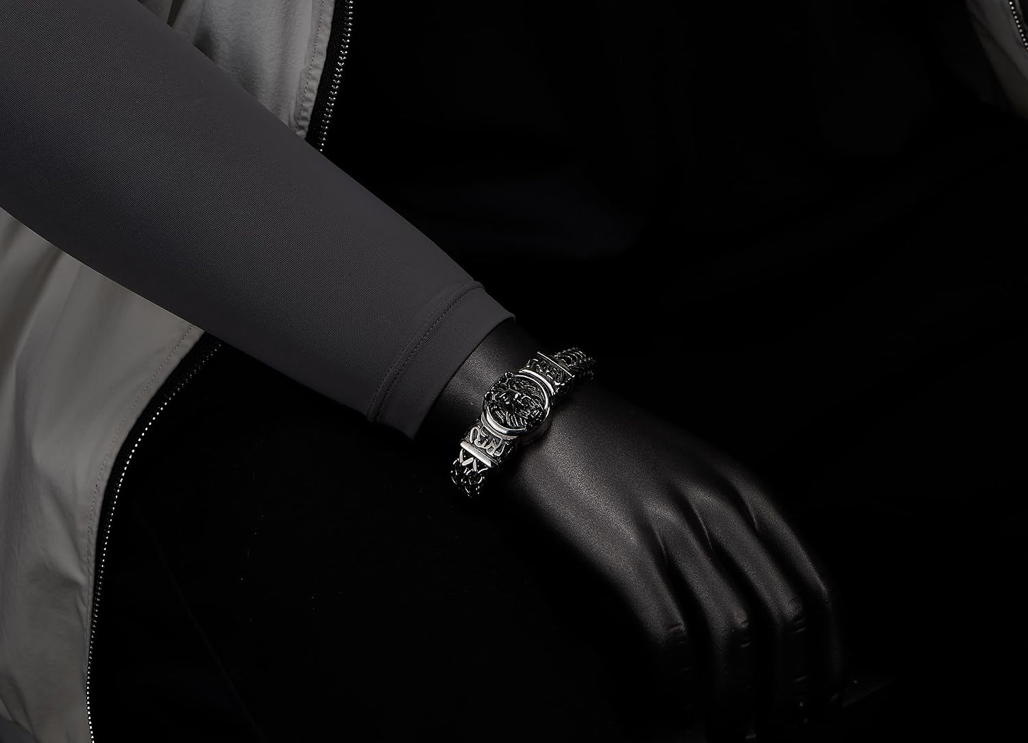COOLSTEELANDBEYOND Mens Steel Bracelet with 3D Lion Head Centerpiece, Woven Franco Link Chain, Bold Biker Style Jewelry