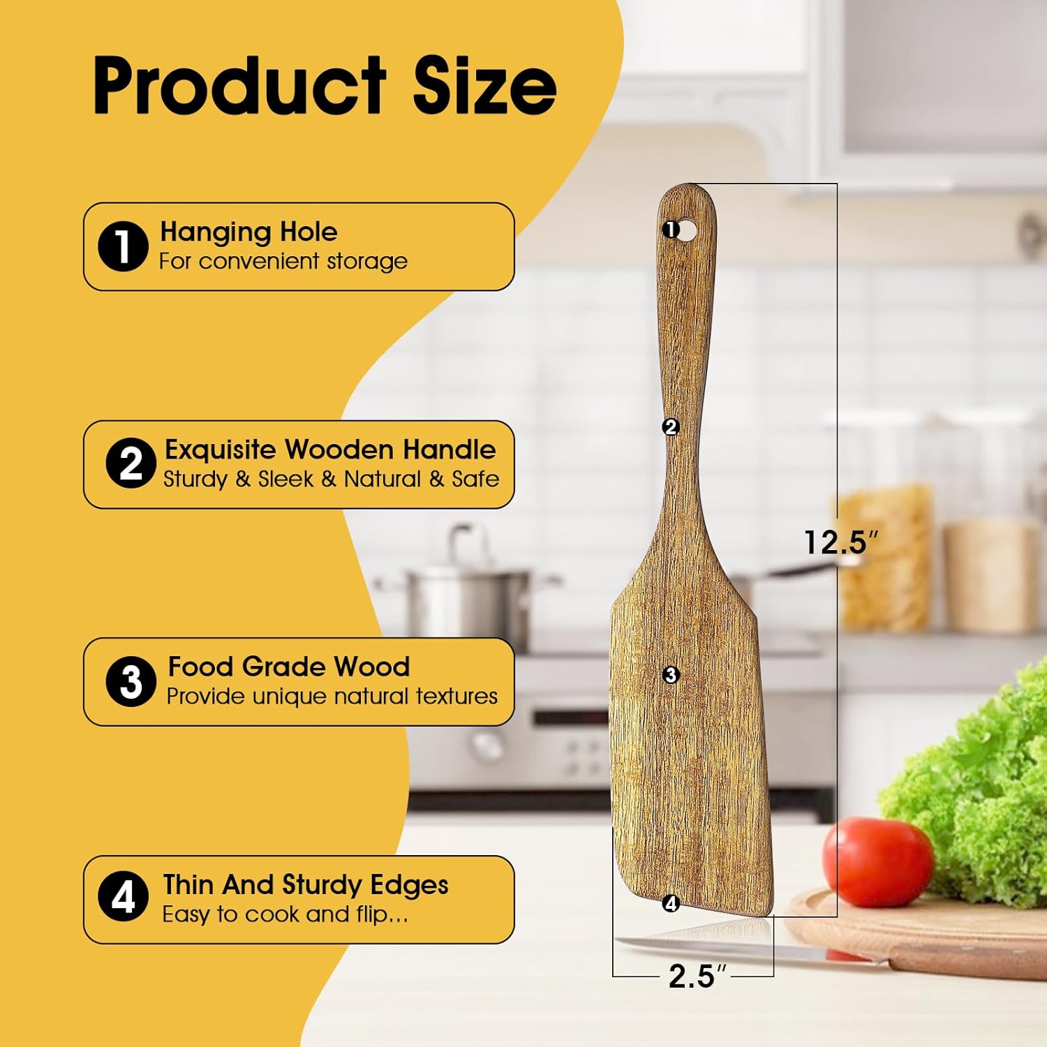 Wooden Spatula for Cooking, Acacia Wood Spatula Nonstick Turner Long Handle Flat Frying Spatulas Wooden Kitchen Cooking Utensil for Cooking Eggs, Fish, Pancakes - Image 2