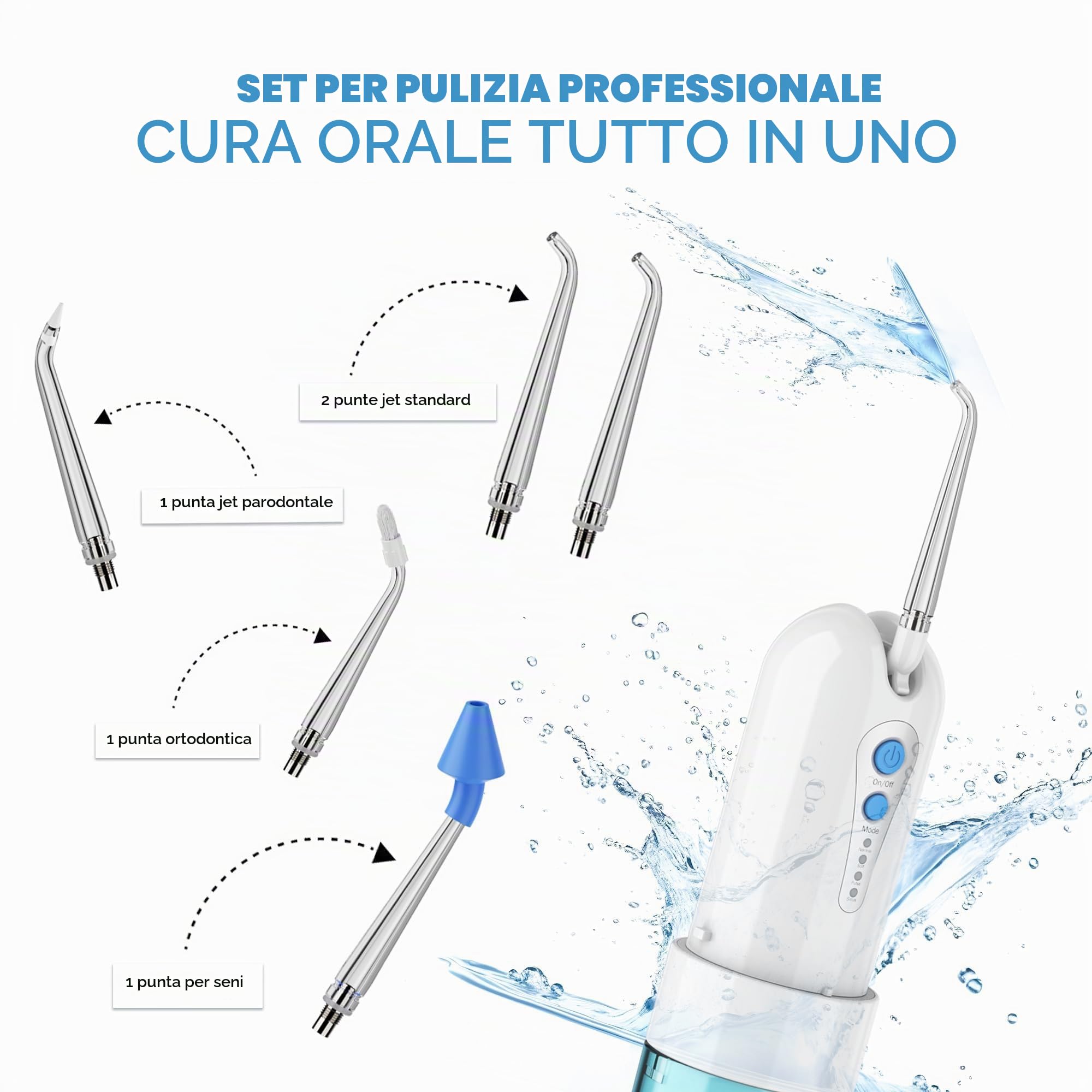 GEEDIAR Irrigatore Orale Portatile Senza Fili - Ricaricabile USB, 4 Modalità e 5 Gettoni, Impermeabile IPX7, per Pulizia Profonda tra i Denti, Ideale per Casa e Viaggio, Blu