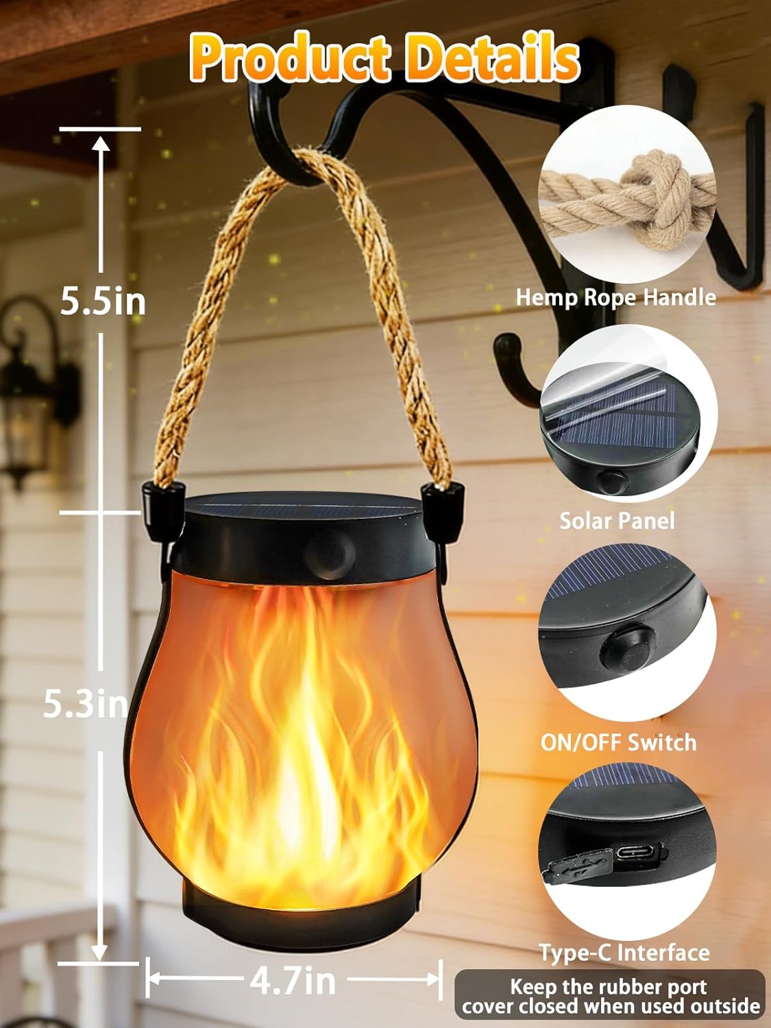 2 Pack Solar Lights Outdoor Waterproof, Solar Lantern with Dancing Flame, 2 Lighting Modes, Dual Charging USB & Solar Powered, with Hanging Rope Handle for Patio Yard Camp Garden Tree Tabletop Decor