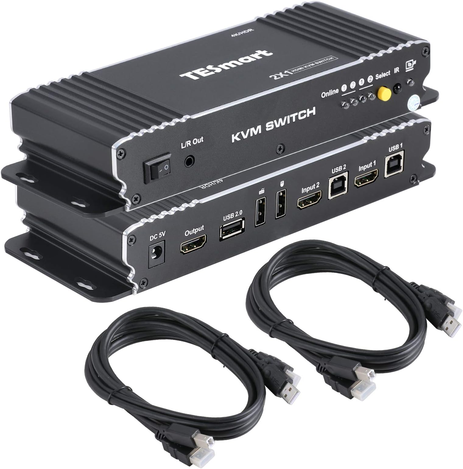 TESmart 2 Port HDCP 2.2 HDMI KVM Switch 4K@60Hz 4:4:4 Ultra HD| 2x1 KVM Switcher 2 in 1 out with 2 pcs of 1.5 m KVM Cables Supports USB 2.0 Devices Control up to 2 computers/servers/DVR-Matt Black