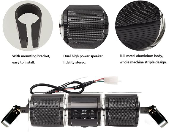 Septpenta Waterproof Bluetooth Motorcycle Stereo Speakers, Built in Installation Tool, Plug and Play, 10M Connections Distance, DC 12V Audio Sound System for 7/8 to 1.25 in Handlebars(Black)