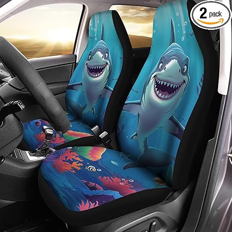 Cartoon Shark Printed Car Front Seat Cover Set of 2, Universal Fit, Made of Soft Polyester, Easy to Install, Edgy Style — Fits Most Vehicles