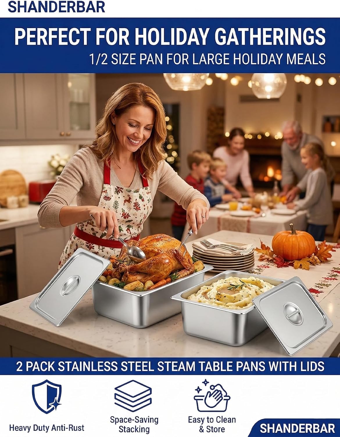 2 Pack Stainless Steel Steam Table Pans with Lids, 1/2 Size x 6 Inch Deep Hotel Pans with Lids, Heavy Duty Anti-Rust Steam Pan for Buffet, Catering, Restaurant, Home & Party