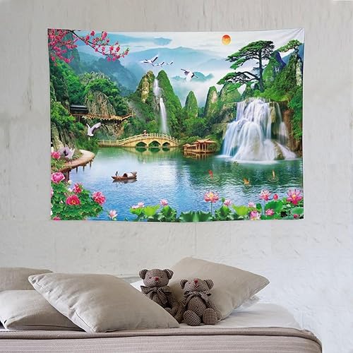 Miniatura 6 de DDCBNS Tapiz de naturaleza para colgar en la pared, bosque de montaña, lago, cascada, puesta de sol, árbol, paisaje, pájaros, tapiz para colgar en