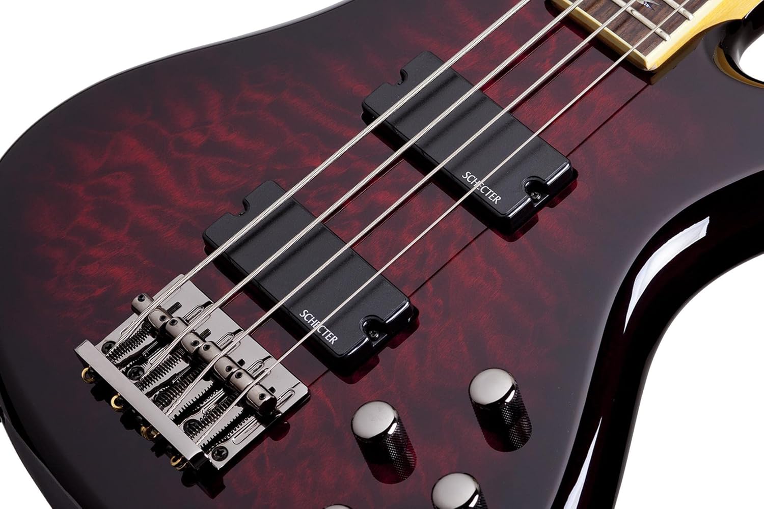 Close-up of the control knobs on the Schecter Stiletto Extreme 4 Bass Guitar