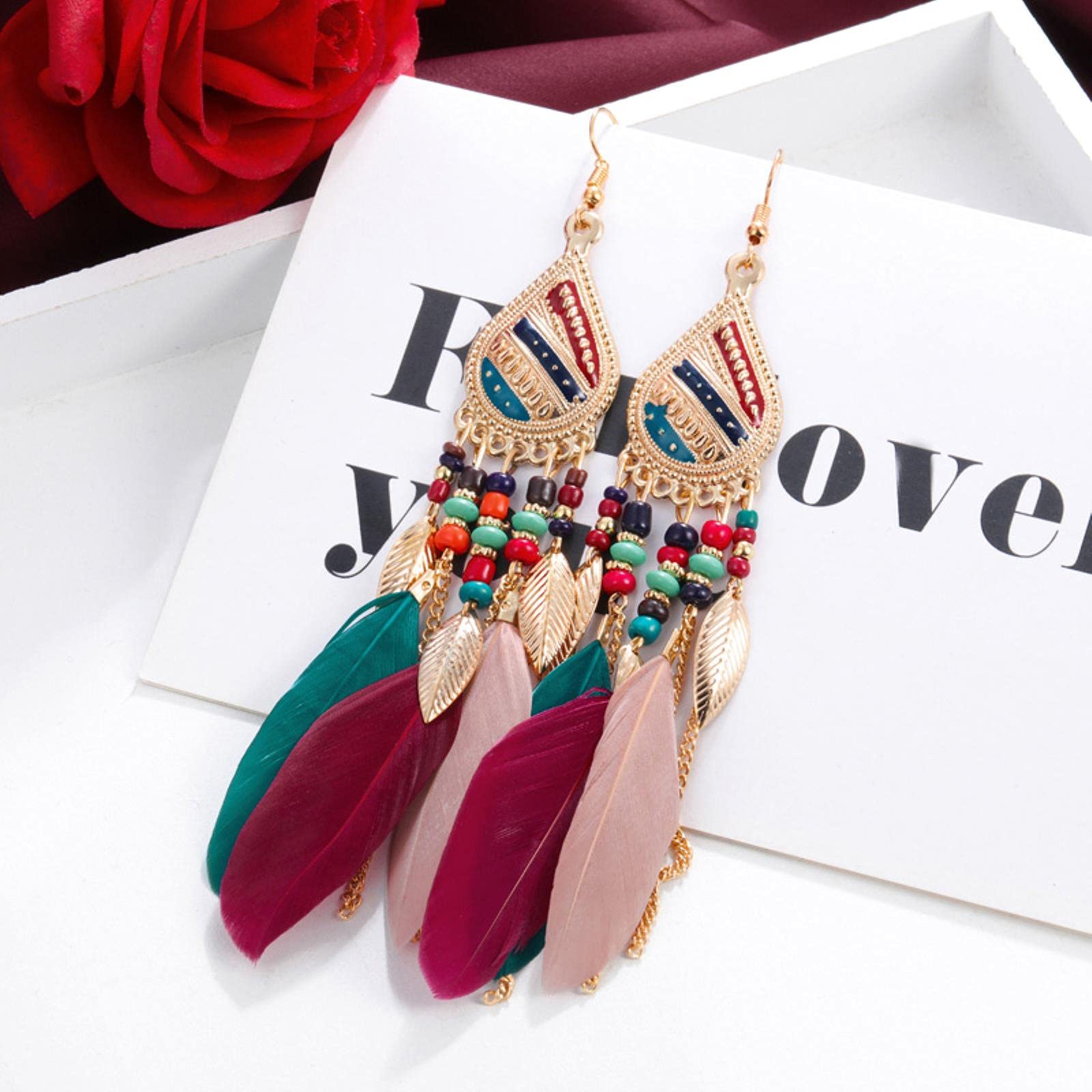 2 Paia Orecchini Lunghi Bohémien Con Piume E Nappe - Pendenti Etnici Leggeri In Lega - Regalo Donna Compleanno Carnevale