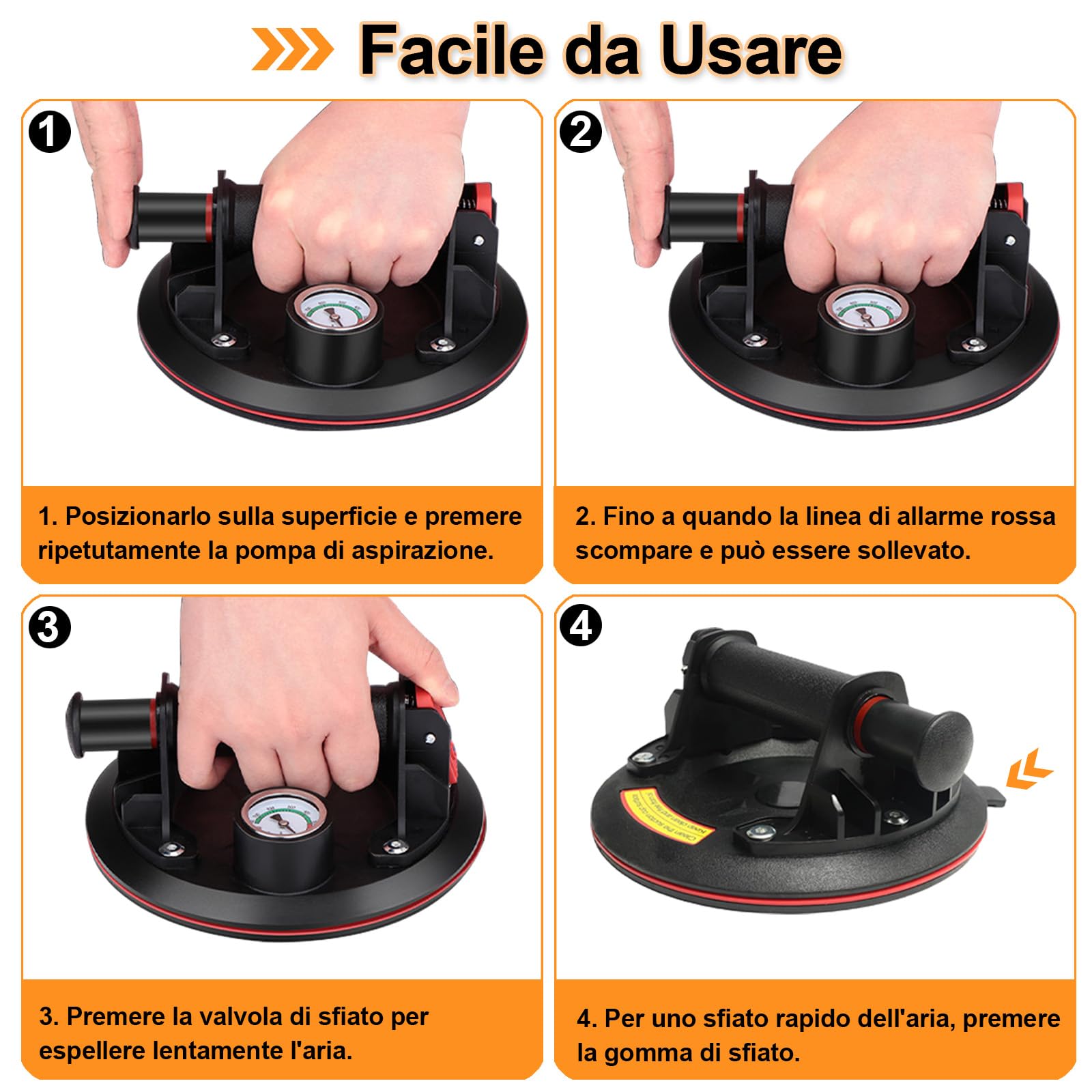 Set di 2 ventose da 8" con manometro, sollevatore a ventosa, portata massima 230 kg, sollevatore a ventosa per piastrelle, vetro, laminato con cassetta degli attrezzi portatile