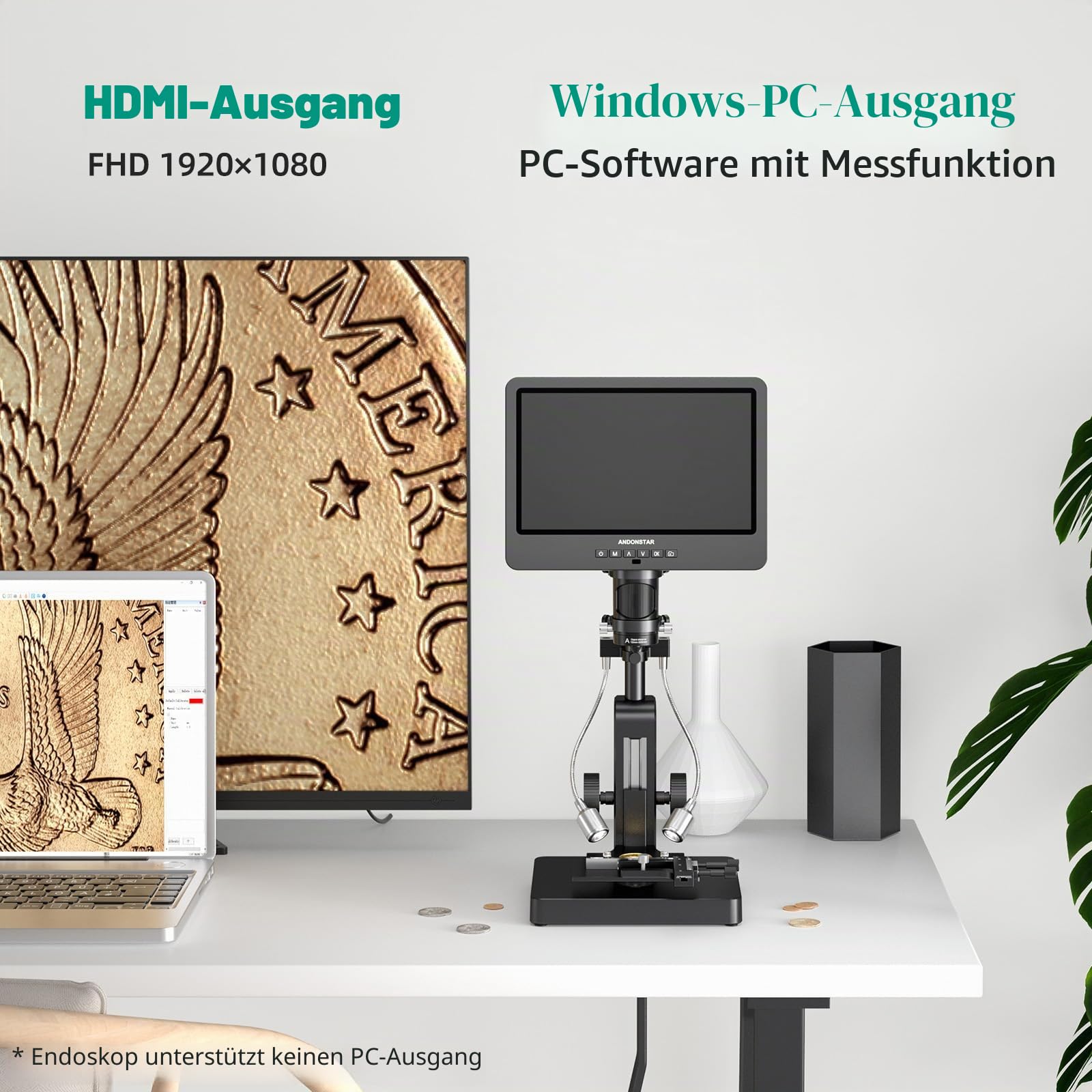 Andonstar AD269S 20X-5000X HDMI Digitalmikroskop mit 10,1'' LCD-Bildschirm für Erwachsene und Kinder, Heimlabor-Mikroskop-Set mit Objektträgern, Vollbild für Münzen, Windows-kompatibel