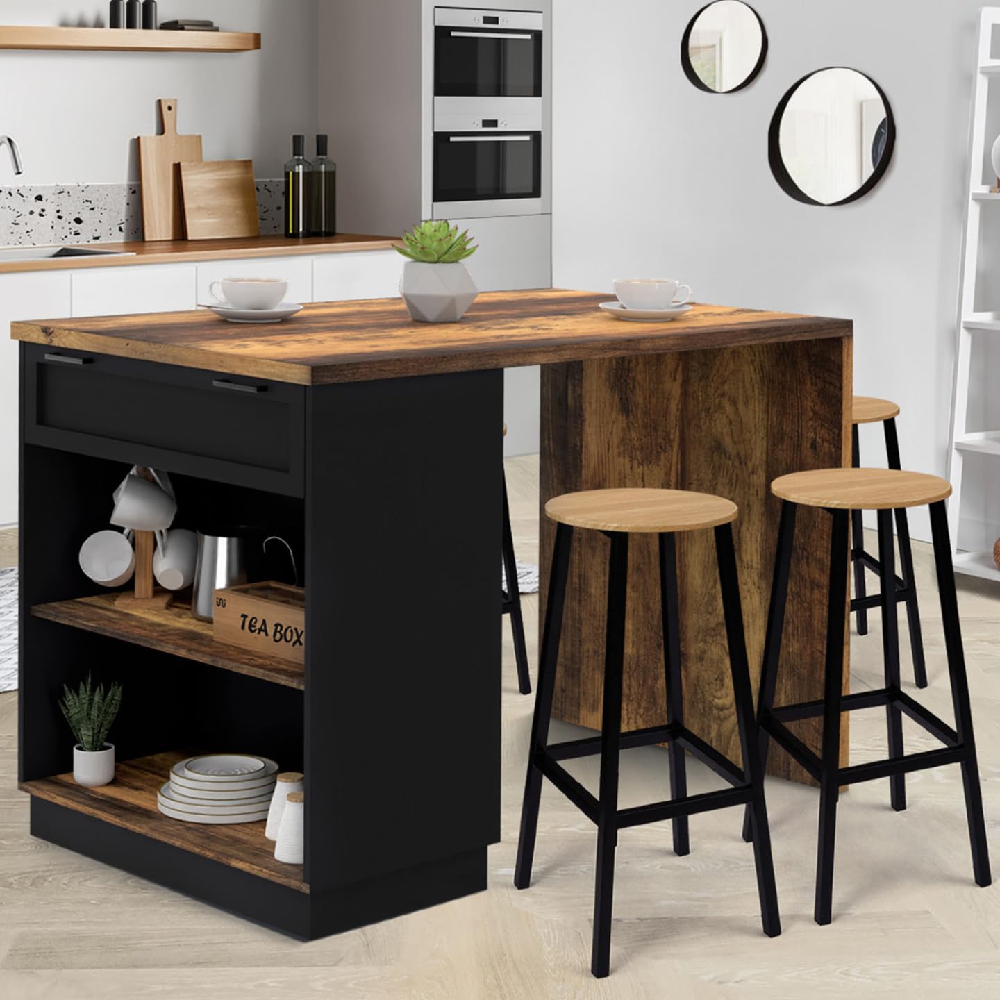 IDMarket - Ilot Central Mange-Debout 4 Personnes VITO 130 cm Noir et Effet Bois foncé Hawkins