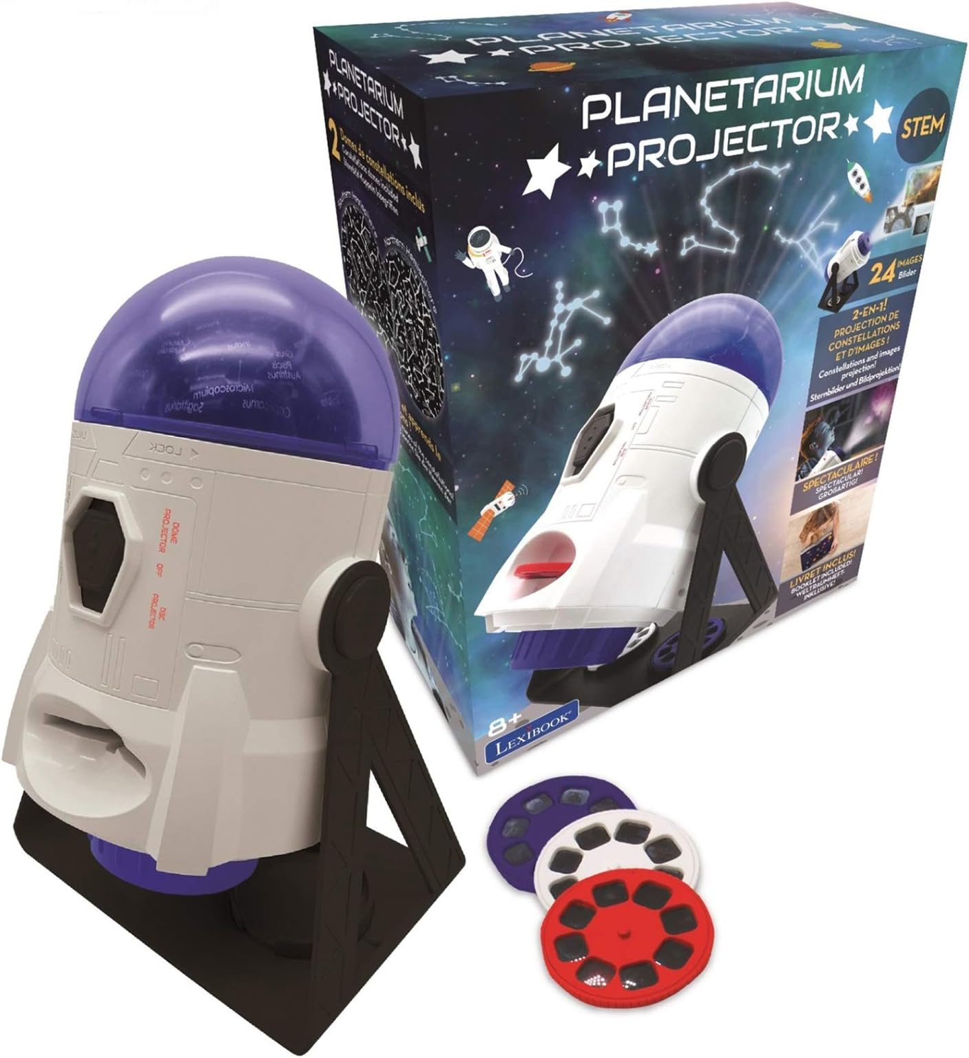 LEXIBOOK, 2-in-1 Planetarium Projector, 24 Images to Discover Space, 2 Constellation Domes, STEM, White/Blue, NLJ180