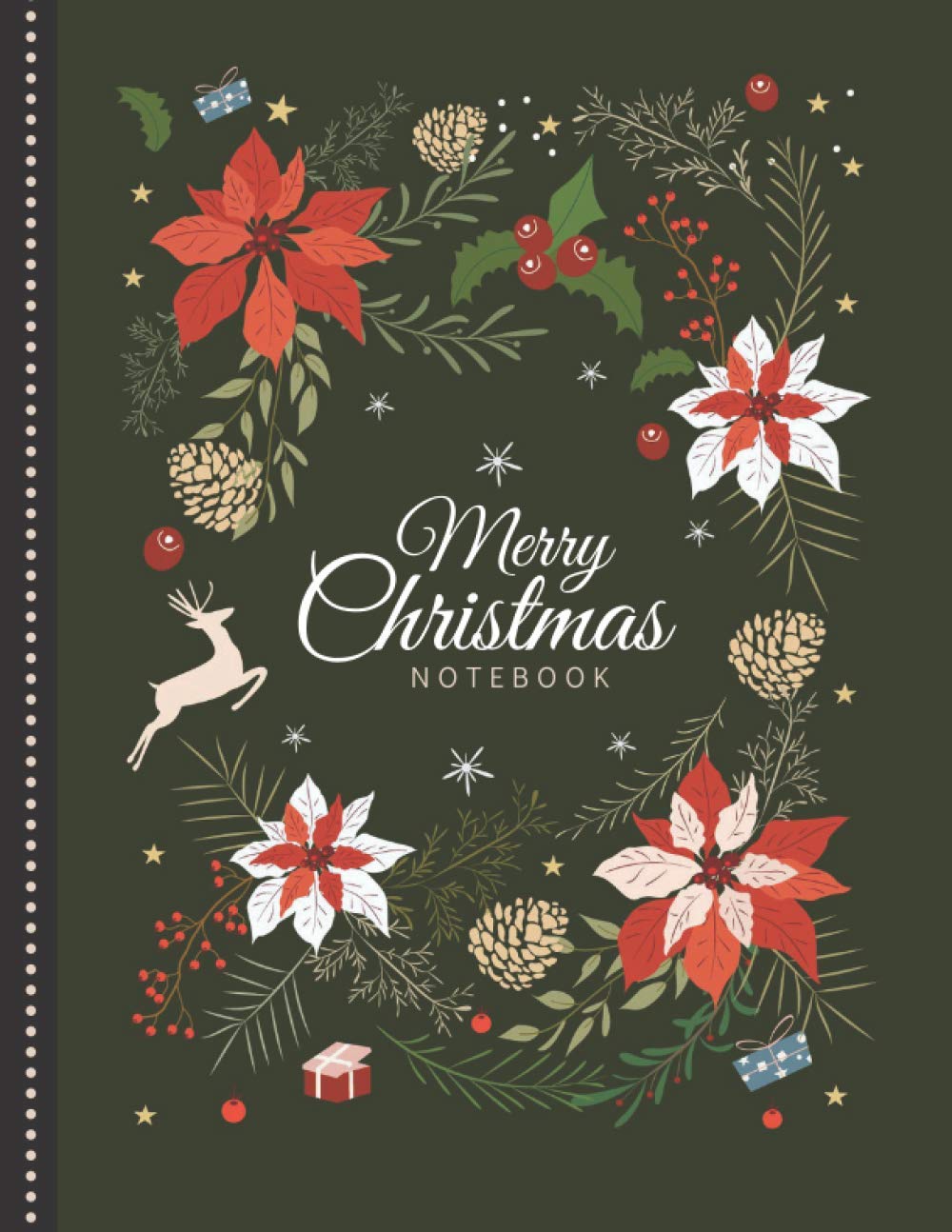 Merry Christmas Notebook: Vintage Poinsettia Reindeer Floral Wreath or Green / Large Blank Wide Ruled Journal Gift / Doodle Book - Shopping List ... Santa or Stocking Stuffer for Adult Women