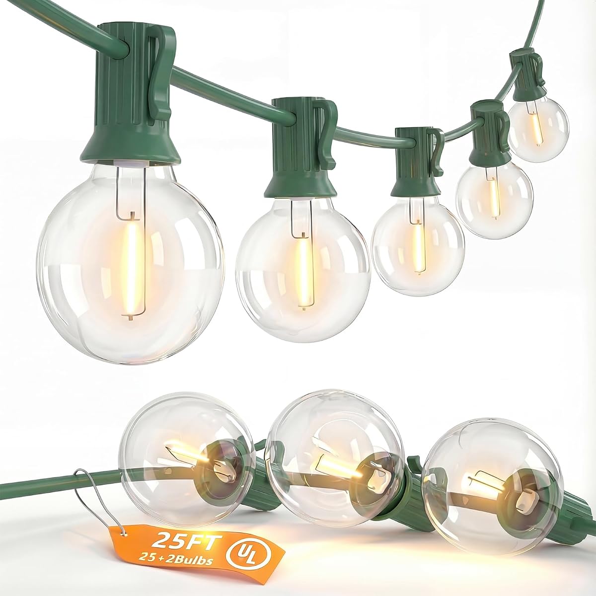 SUNSGNE Luces navideñas redondas de 25 pies para exteriores, cadena de luces G40 con 27 luces LED transparentes (2 de repuesto), cadena de luces de alambre verde para patio, porche, tienda de campaña, pérgola, decoración navideña