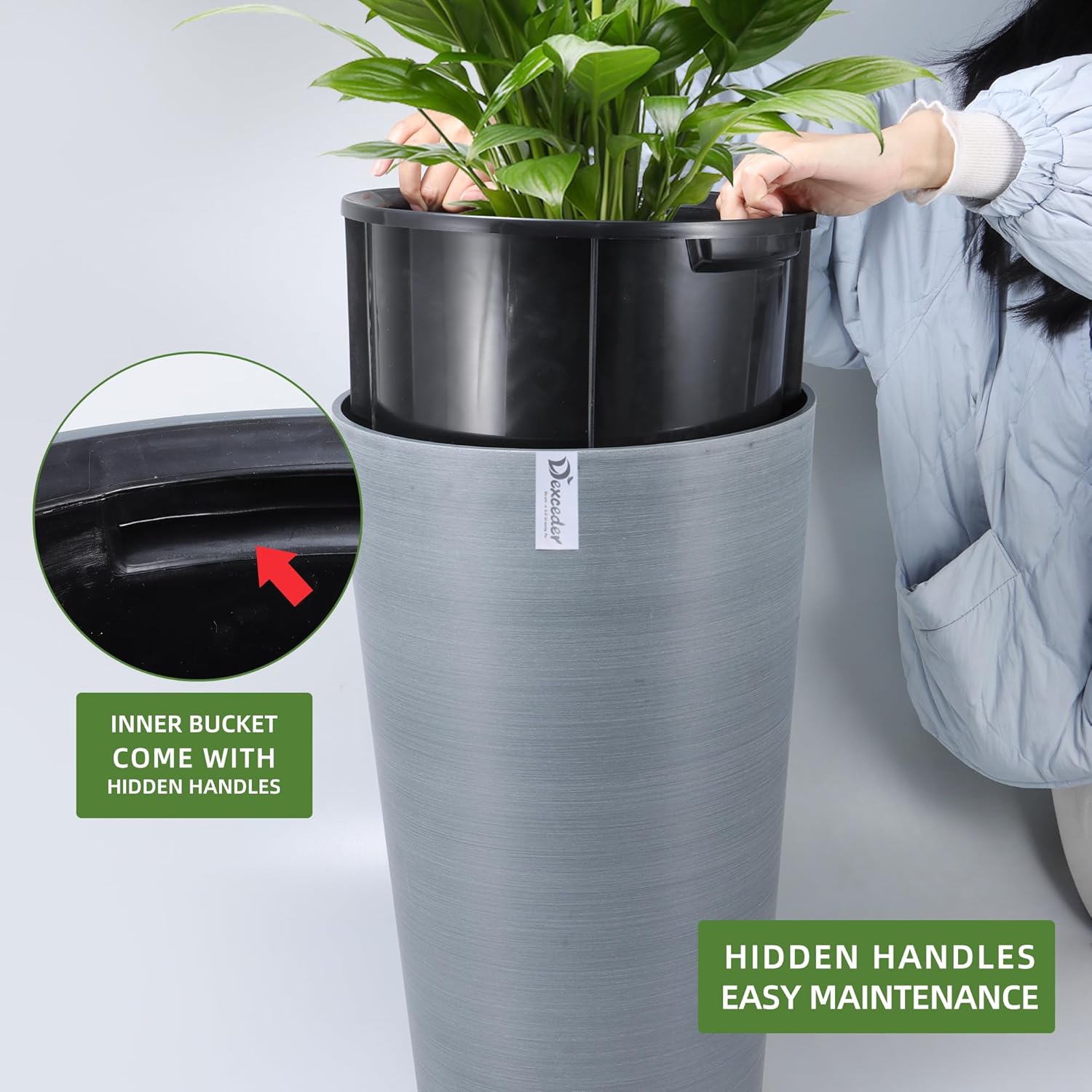 Dexceder 22x13 Tall Self Watering Planter High Cylinder Indoor Outdoor, Thickened Large Floor Standing Flower Plant Pot with Water Level Indicator (Gray, Wire Drawing)