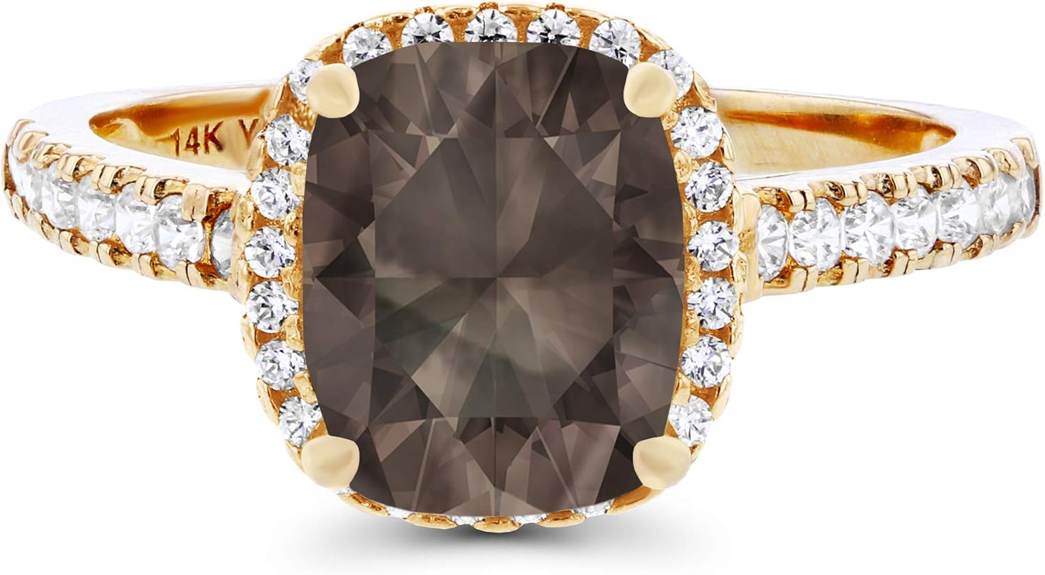 Solid 14K Yellow Gold 9x7mm Cushion Cut Natural Birthstone & Created White Sapphire Halo Engagement Ring For Women, Size 7