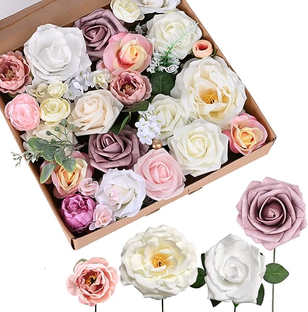 Artificial Flowers Combo fake roses Real Touch Foam rose silk peonies faux Flowers with Stem Heads for DIY Wedding Bouquets Centerpieces Flower Arrangements Party Bridal Baby Shower Home Decorations