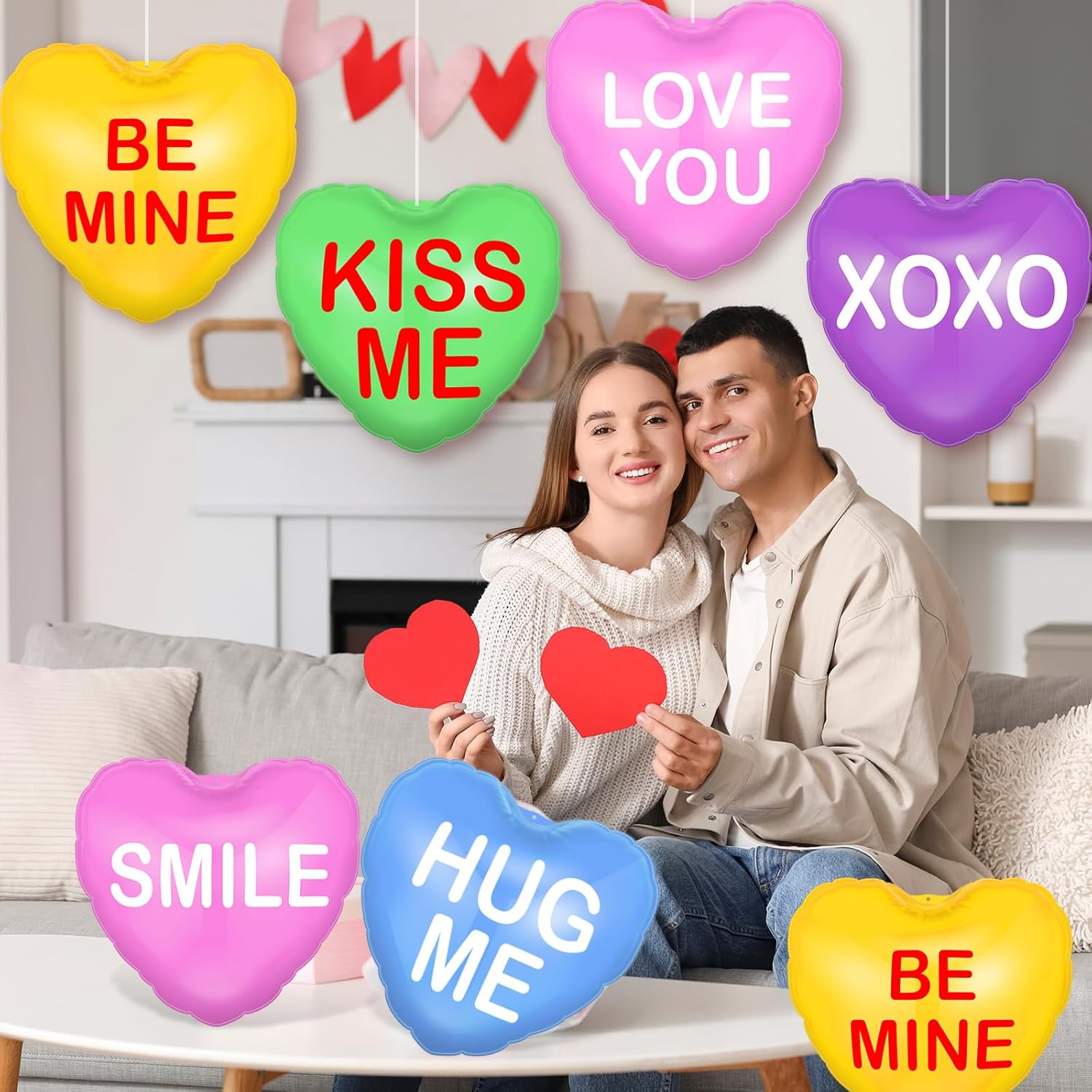 18 Pcs Valentines Day Inflatable Conversation Hearts Outdoor Decorations, Valentine Blow Up Yard Decorations, Inflatable Hanging Ornaments for Valentines Day Wedding Anniversary Yard Garden, Colorful