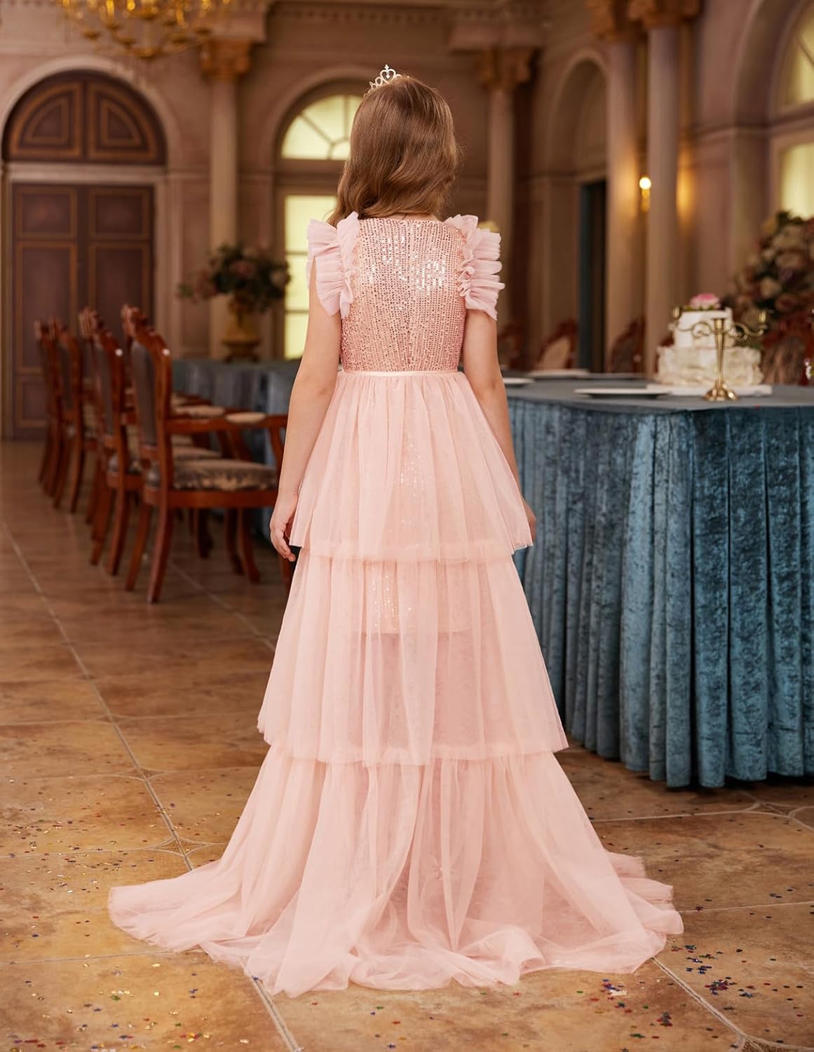 GRACE KARIN Girls Sequin Dress Formal Pageant Sparkle Party Ruffle Prom Maxi Dress Size 5-14Y - Image 4