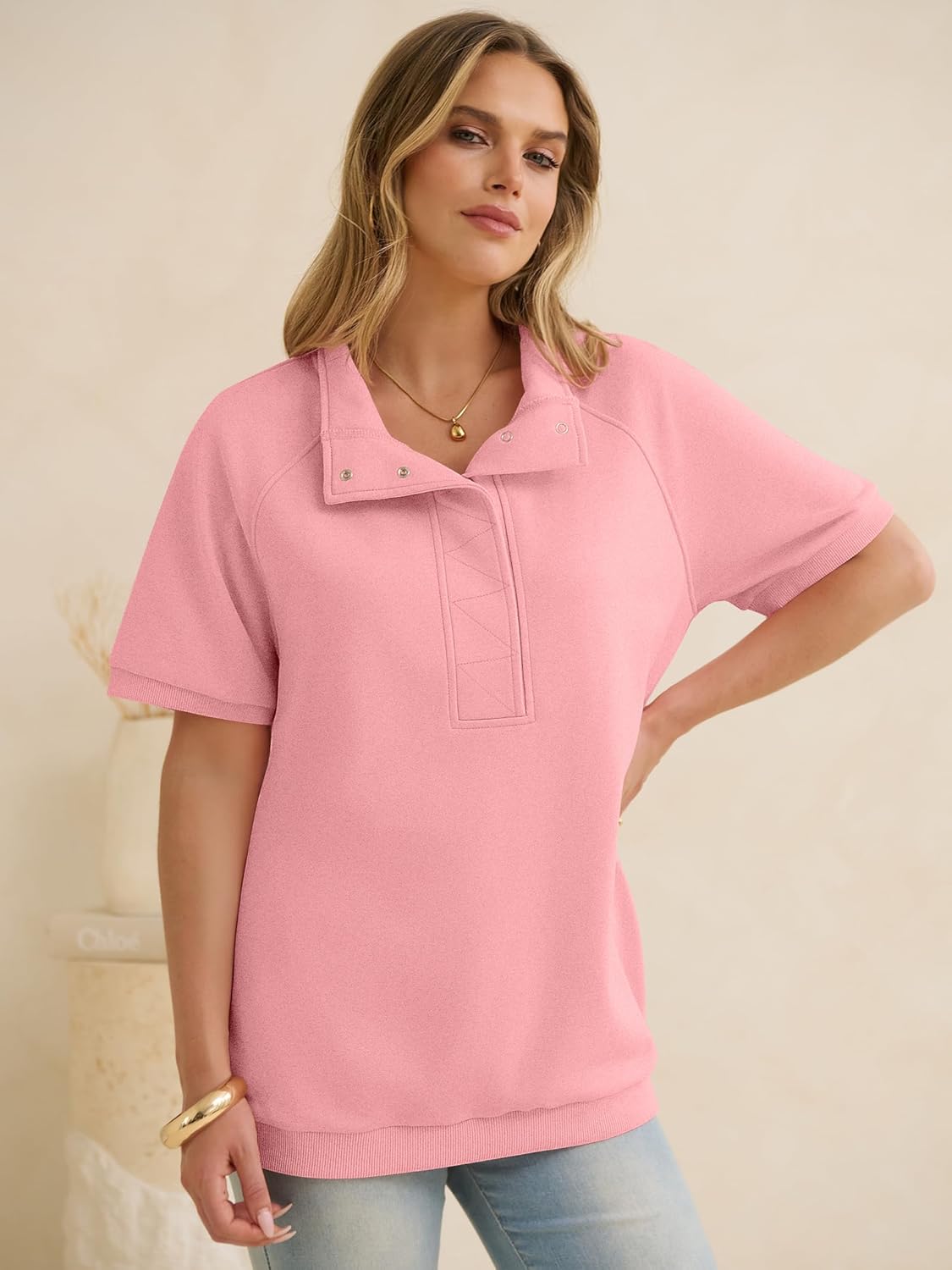 ANRABESS Womens Short Sleeve Tops Oversized Lightweight Sweatshirt Polo Shirts 2026 Summer Casual Button Pullover Top Outfits - Image 2