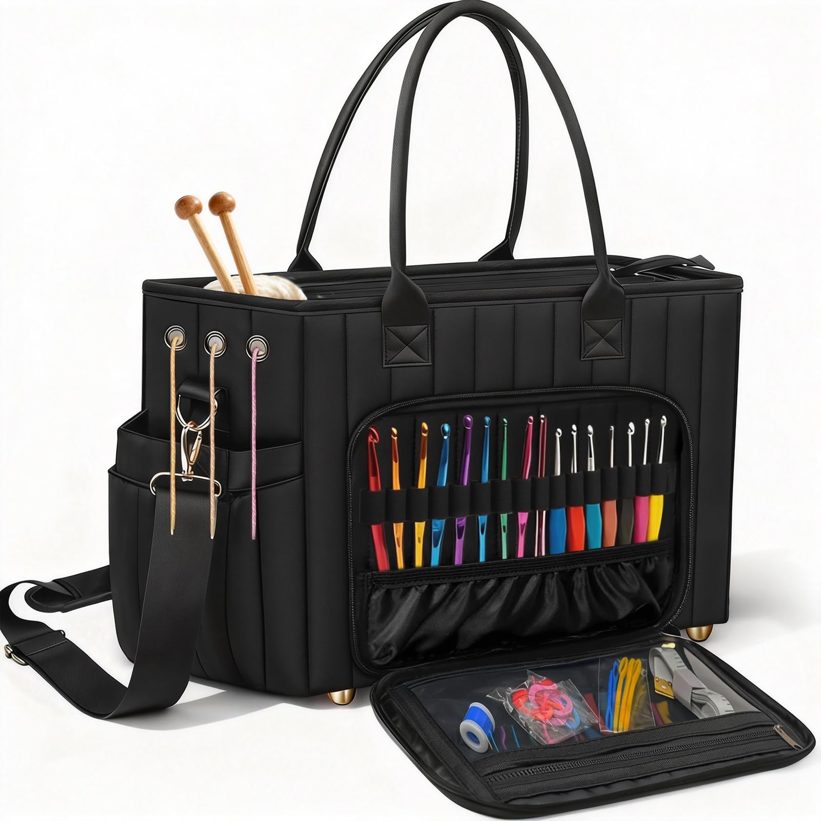Häkeltasche Garnaufbewahrung, große Stricktasche mit gepolstertem Häkelnadel-Organizer, Tragetasche mit mehreren Fächern für Häkelliebhaber, Strickzubehör, einzigartiges Valentinstagsgeschenk