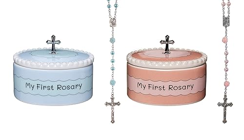 Juego de regalo de bautismo católico de mis primeros rosarios azules y rosados con cajas de recuerdo a juego, regalos de bautismo de bebé para niña