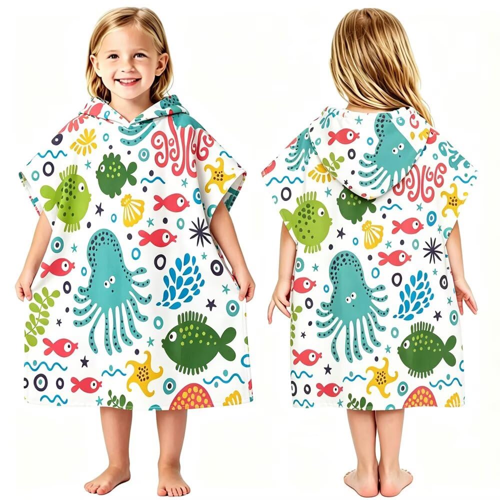 dubuto Kids Beach Towels with Hood for 3-10 Years Hooded Toddler Boys Girls Bath Towel Poncho Absorbent Quick Dry Soft Microfiber Swim Robe Lightweight 25"x34" for Beach Pool