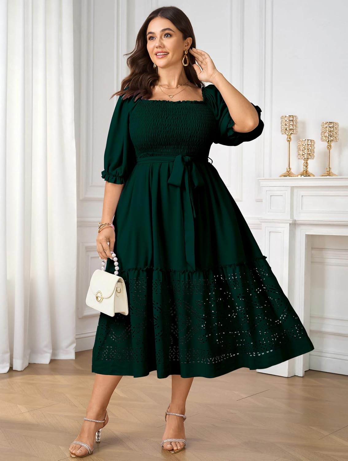 Women's Plus Size Wedding Guest Dress 3/4 Sleeve Square Neck Smocked Empire Waist Tie Boho Eyelet Maxi Long Dresses - Image 2