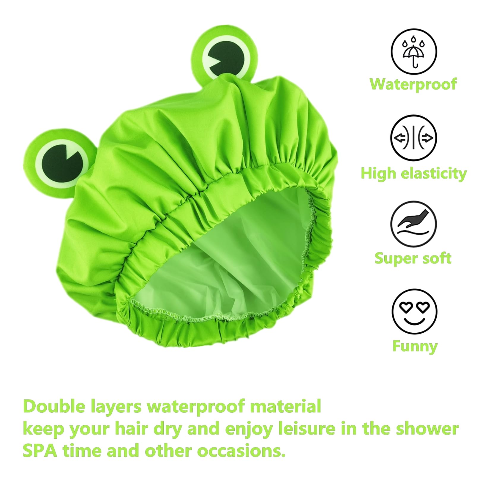 Duschhaube, wasserdicht, wiederverwendbar, doppellagig, Badekappe, elastisches Band, Haarkappe, grüner Frosch, Duschhaube für Damen, Spa-Salon