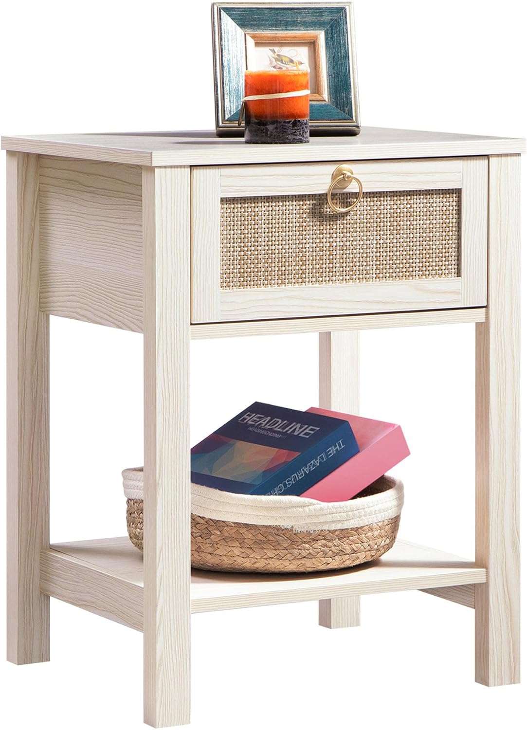 SICOTAS White Nightstand,Rattan Decor Drawer with Brass Knobs Night Stand Natural Wood Bedside Table Boho End Table Side Table with Storage Shelf White Cream Oak 1 Piece