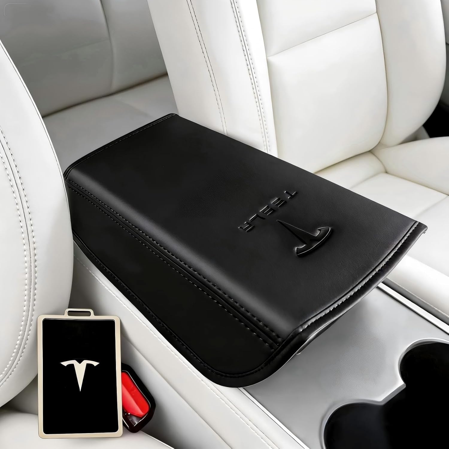 Center Console Armrest Cover for Tesla Model 3 2017-2023 & Model Y 2020-2025 - Black Genuine Leather Armrest Protector, Scratch Resistant Interior | Easy Install Skin with Bonus Key Card Holder
