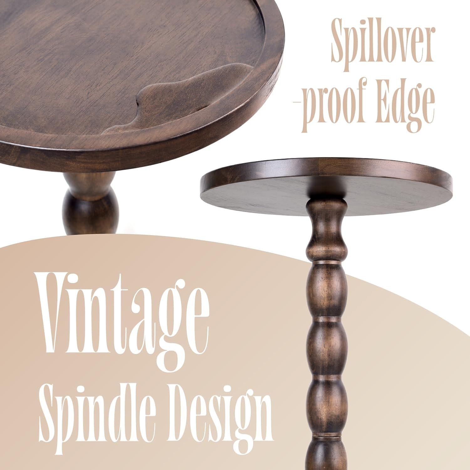 Solid Wood Round Pedestal Side Table with Tray-Top Rim – Bobbin Turned Accent End Table for Living Room, Bedroom – Compact Small Round Drink Table with Stable Base, Nightstand with Table Solid Wood