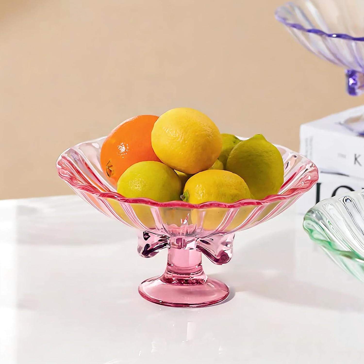Glass Fruit Bowl. 9 inch Glass Pedestal Bowl. Elegant Bow Decoration Multicolor Salad Plate. Suitable for Fruit, Dessert, Candy, Snack & More. (Pink)