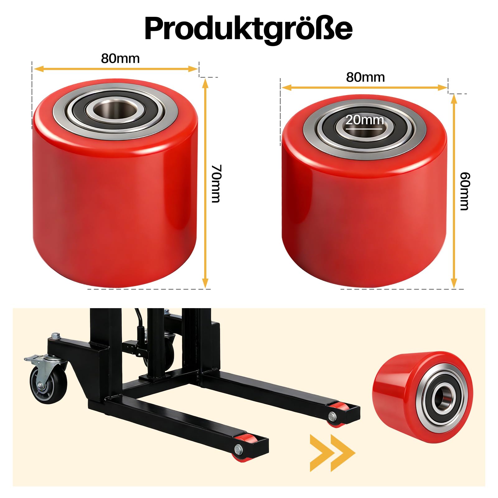 4 Stück Hubwagenrollen Polyurethan, 80 x 70mm Hubwagen Räder Gabelhubwagenrolle Lastrolle für Hubwagen Ersatzrolle, Achse 20 mm (4 Stück 80x70mm (Polyurethan))