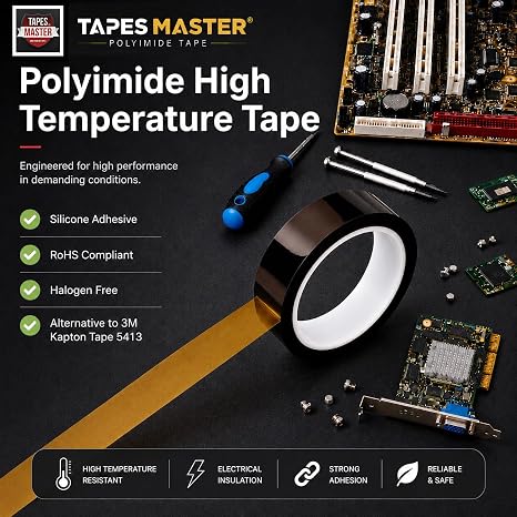 Tapes Master - 1/2 x 36 Yds 1 Mil Polyimide High Temperature Heat Resistant Heat Transfer Thermal Electrical Insulation Tape