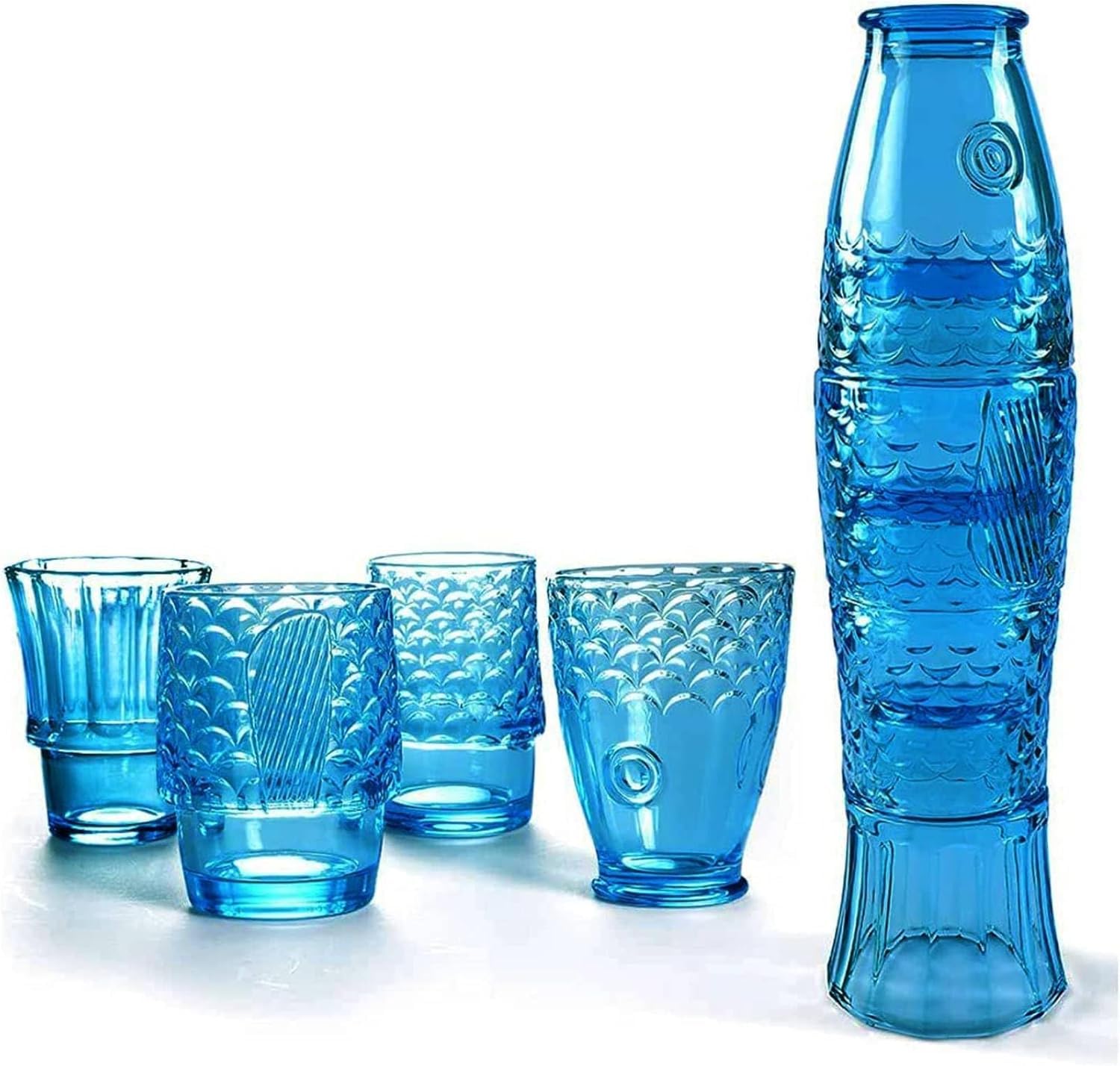 Trinkgläser mit Fisch-Design, stapelbare Trinkgläser, farbiges Getränkeglas, stapelbares Trinkglas, nautische Glaswaren, Fisch-förmige Gläser für Heimdekoration, 4 Stück, Blau