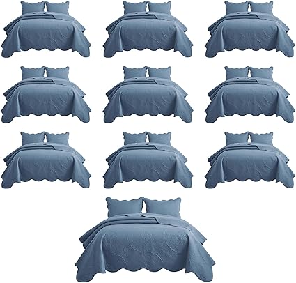 IR Imperial Rooms 10 Pack Queen Quilt Bedding Set (90" x 96") - Bulk Wholesale for Hotels, Guest Bedroom & Airbnbs - Lightweight Microfiber Reversible Floral Embossed Quilts Bedspreads (Light Blue)