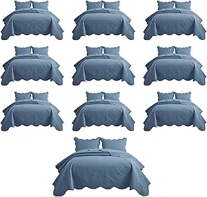 IR Imperial Rooms 10 Pack Queen Quilt Bedding Set (90" x 96") - Bulk Wholesale for Hotels, Guest Bedroom & Airbnbs - Lightweight Microfiber Reversible Floral Embossed Quilts Bedspreads (Light Blue)