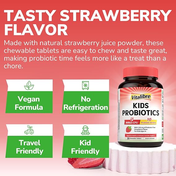 Kids Probiotics Chewable, 5 Billion CFU, 10 Probiotic Strains, Ages 4+ | with Prebiotics, Support Digestive & Immune Health, Shelf Stable, No Gluten or Dairy, Strawberry Flavor, 30 Count
