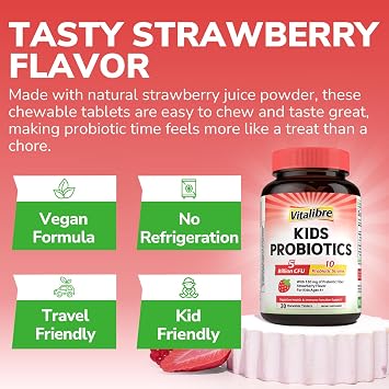 Kids Probiotics Chewable, 5 Billion CFU, 10 Probiotic Strains, Ages 4+ | with Prebiotics, Support Digestive & Immune Health, Shelf Stable, No Gluten or Dairy, Strawberry Flavor, 30 Count