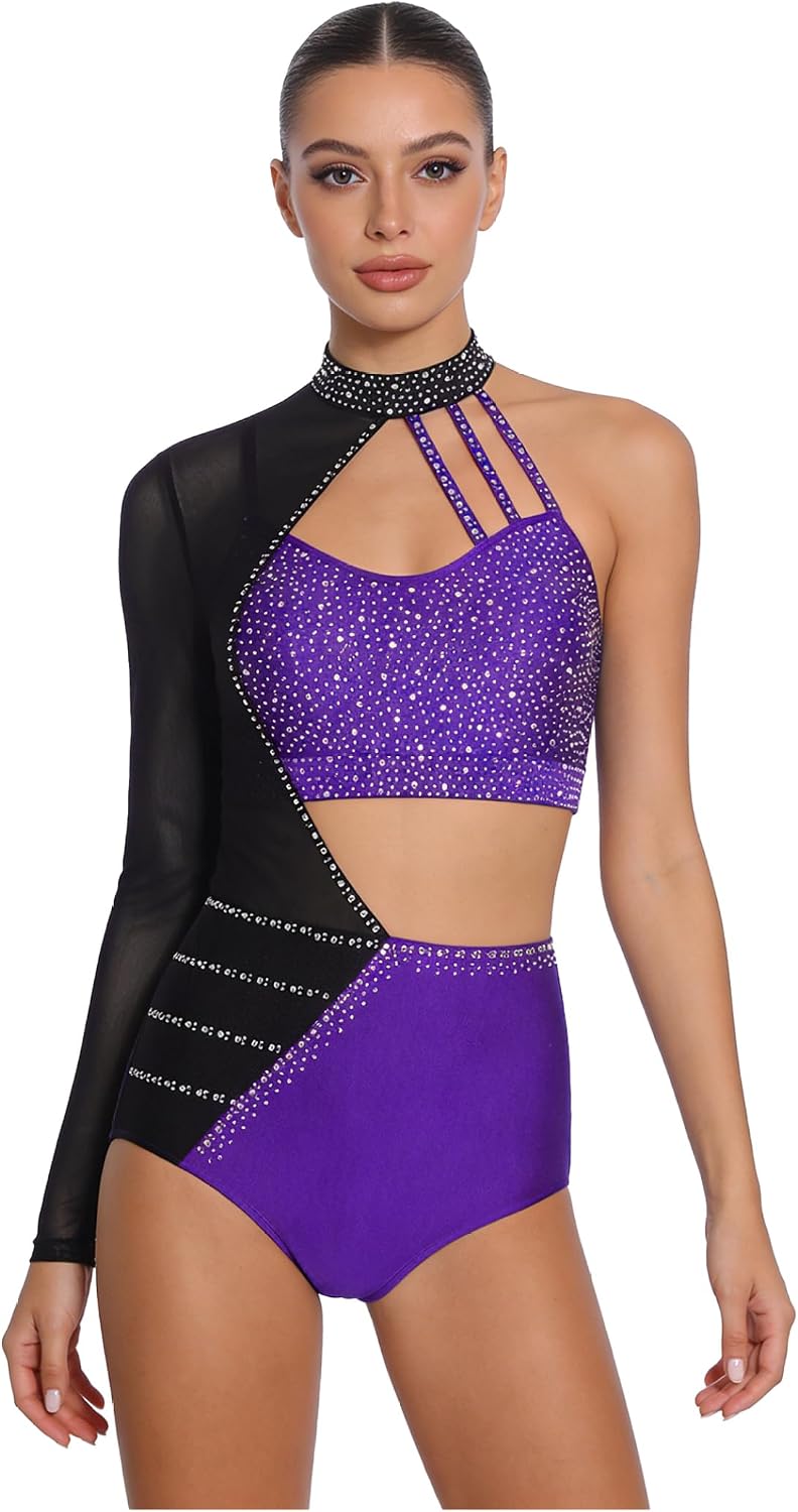 Women's Gymnastics Leotards Ballet Dance Bodysuit Top | Color Block, One Piece Leotard, Asymmetrical Hollow Out, Shiny Rhinestones, for Gymnastic Ballet Latin