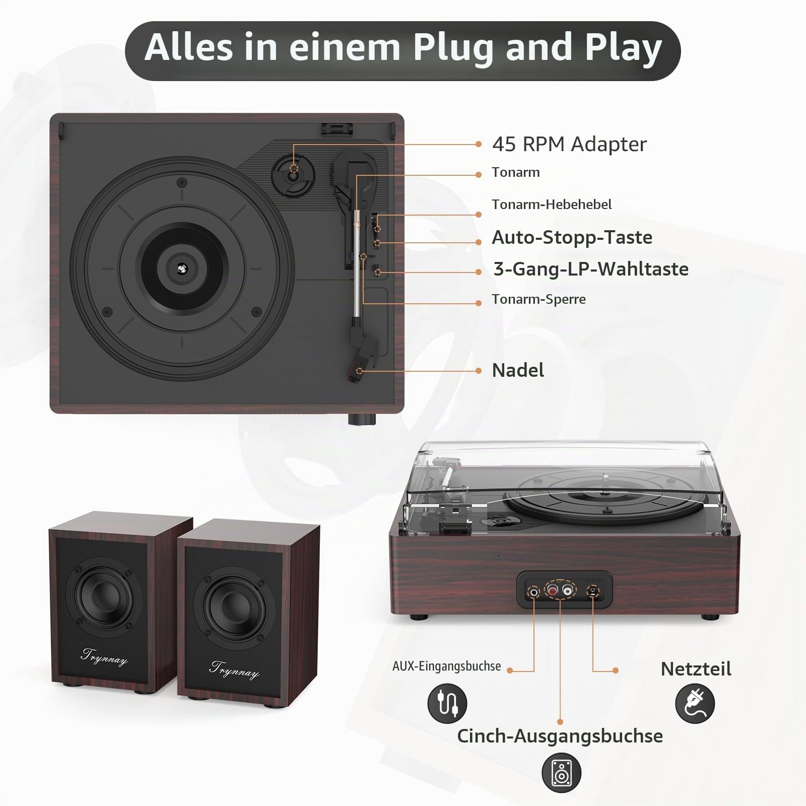 Trynnay Plattenspieler mit passiven Regallautsprechern, Bluetooth-Plattenspieler für Schallplatten, 3 Geschwindigkeiten, kabelloser AUX-Eingang, Kopfhöreranschluss und Auto-Stop-Funktion, dunkelrotes