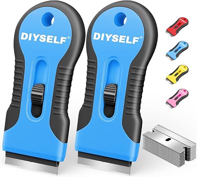 DIYSELF 2 Pack Glass Scraper, Razor Blade Scraper Tool with 10 Spare Blades