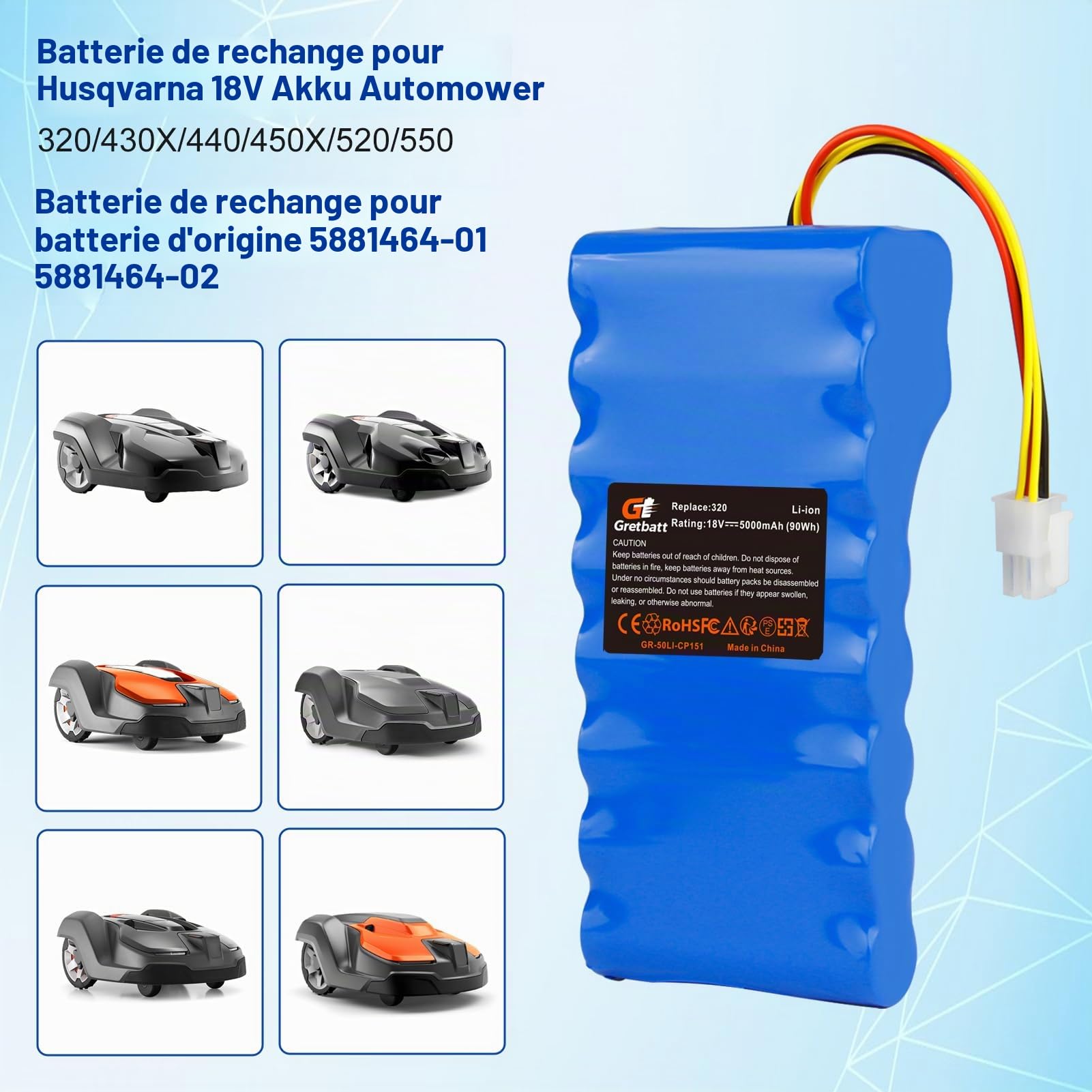 Batterie de Rechange 18 V 5,0 Ah pour Robot Tondeuse Automower 320, 330X, 420, 430, 440, 450X, 520, 550, Remplacement pour Batterie 580 68 33-01,580 68 33-02.
