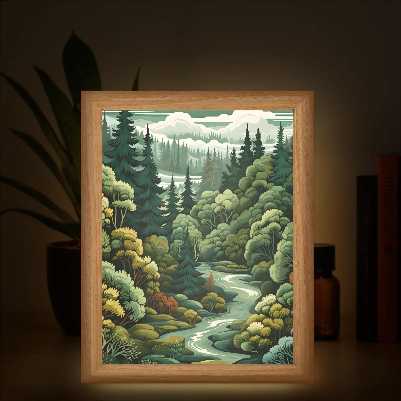 Light Up Painting, Mystical Forest Wall Art Picture Light Watercolor Forest Light Up Art Frame, 10 Brightness USB Powered 3 Lighting Modes, Anxiety Relief Gift for Bedroom Home-Without Acrylic Panel