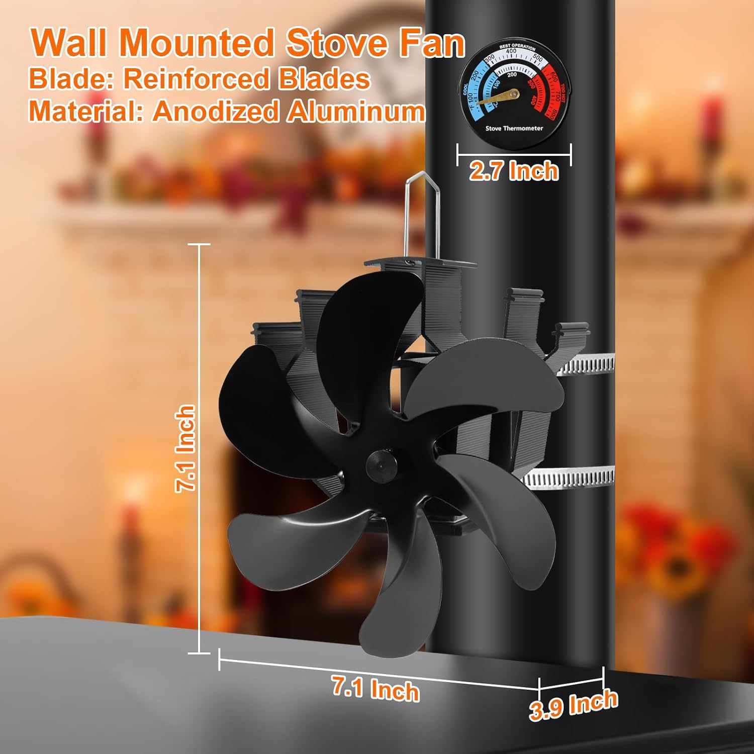 Heat Powered Fireplace Fan Wall Mounted, Wood Stove Fan Thermal Fan for Wood/Log Burning Stove Pellet/Gas Burner, Stove Accessories Thermometer (6 Blade)