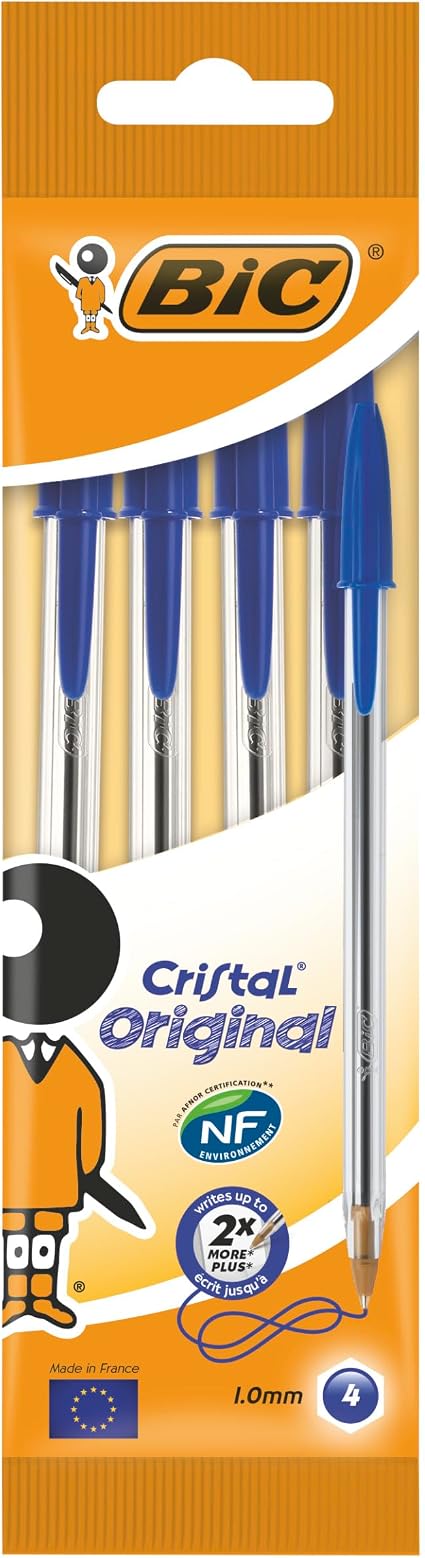 BiC Cristal medium - Bolígrafo de punta redonda, color azul, pack de 4 unidades